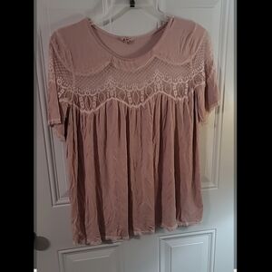 POL Women's Lace Yoke Short Sleeve Tunic - Dusty Pink